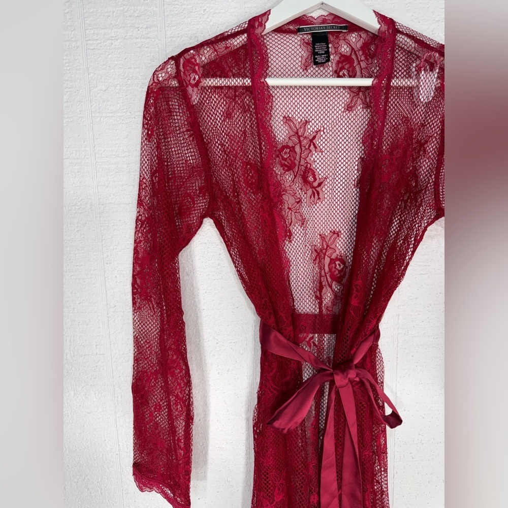 NWOT Victoria’s Secret fishnet lingerie robe slip and thong set burgundy XS/S - Picture 3 of 7